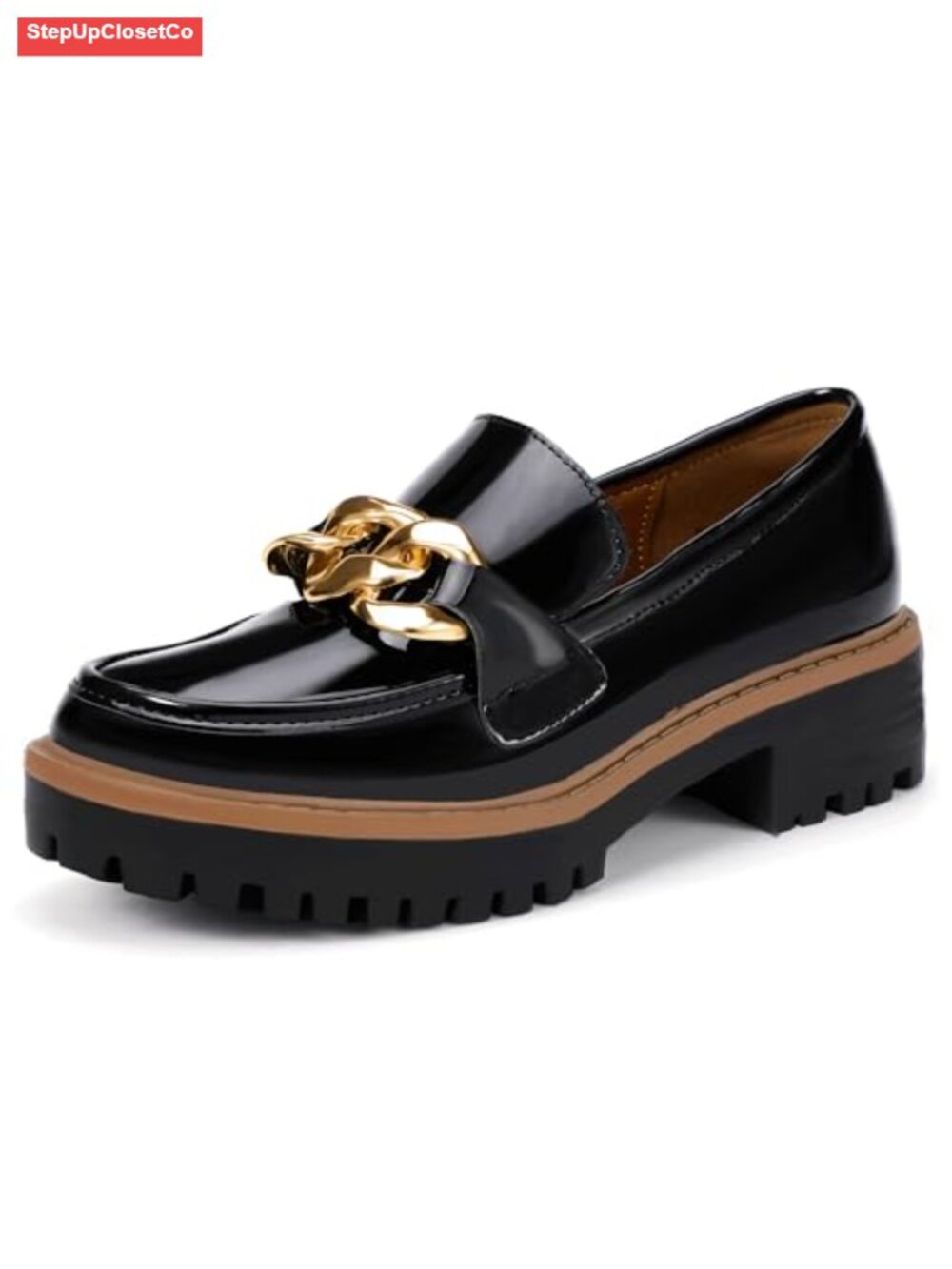 Chunky Platform Loafers for Women with Metal Chain Slip On Low Block Heel